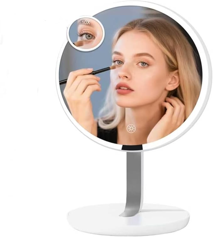 9.65-inch Lighting Makeup Mirror, 1x / 10x,Touch Control,3-Color Adjustable, Metal Stand with Super Stability,up and Down Adjustable Makeup Mirror Surface, High Color Rendering,Silver