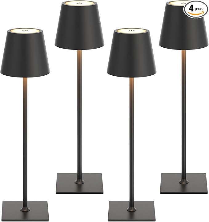 Kakanuo Cordless Rechargeable Table Lamp Black 5000mAh Battery Operated Lamps, 3 Colors Stepless Dimming Touch Lamp for Dining, Living Room, Outdoor Patio, Kitchen Counter, 4 Pack