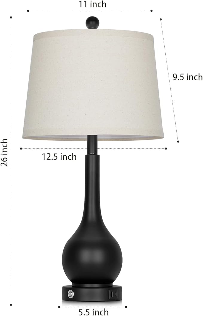 26" Black Table Lamp for Living Room Single, Touch Control Bedside Lamp for Nightstand, 3-Way Dimmable End Table Lamp for Bedroom with USB Charging Port (1 Pack)