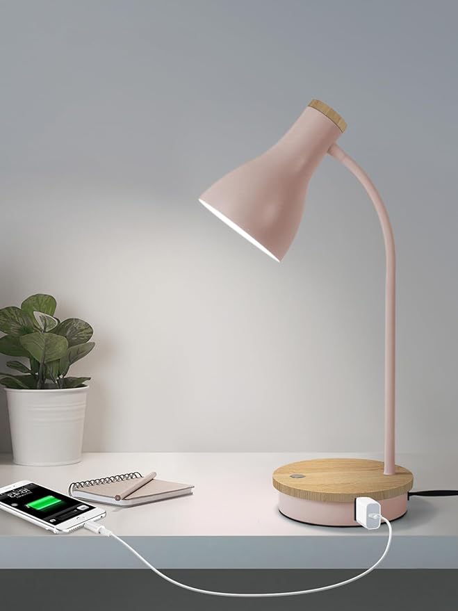 Metal Desk Lamp Wireless Charging Table Lamp Touch Reading Lights Arc Desk Lamps for Bedroom, 3 Way Dimmable Bedside Lamp with USB Charging Ports Lamp for Study Room and Office (Touch-Pink)