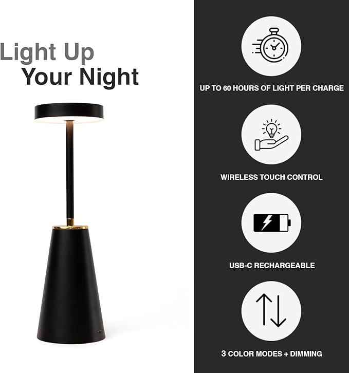 LED Wireless Table Light - USB-C Rechargeable Lamp Cordless - Touch Sensor - Dimmable Portable - 3 Brightness Modes - for Nightstand Restaurant Office Desk Indoor Outdoor - Black