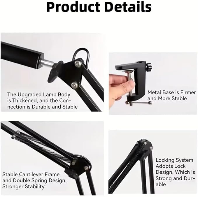 LED Desk Lamp, Adjustable Swing Arm Lamp with Clamp, Eye-Caring Reading Desk Light, 10 Brightness Levels, 3 Lighting Modes, Memory Function Desk Lamps for Home Office with Adapter (Black)