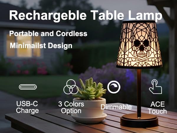 Cute Cordless Rechargeable Table Lamp with Metal Shade, 3 Color Temps LED Dimmable Ambient Lighting, Small Retro Touch Bedside Light for Decor, Metal Base.