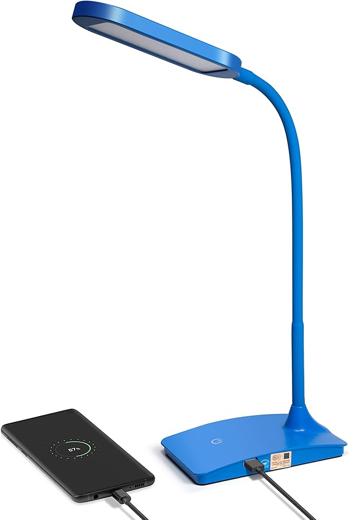 Blue Desk Lamps for Home Office - Super Bright Small Desk Lamp with USB Charging Port, a Perfect LED Desk Light as Study Lamp, Bedside Reading Lights