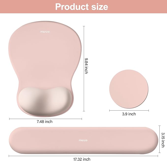 MOSISO Wrist Rest Support for Mouse Pad&Keyboard Set, Curved Ergonomic Mousepad&Coaster Non-Slip Base Home/Office Pain Relief&Easy Typing Cushion with Soft Cloth&Silicone Lining, Pink