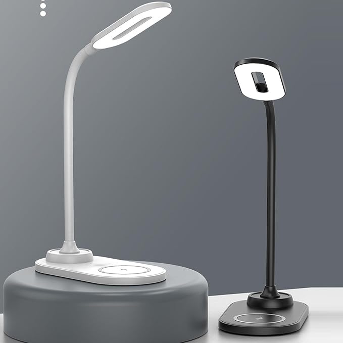 PUSOKEI LED Desk Lamp, Wireless Charger with 15W for Phone and 5W for Earphone, 360 Adjustable Arm and Eye Caring Light for Study Office Bedroom (White)