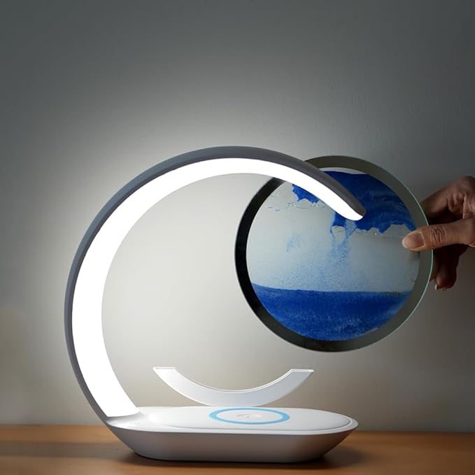 LED Table Lamp with Wireless Charging, Crescent Moon Design, Blue and Orange Sand Art Display, Blue