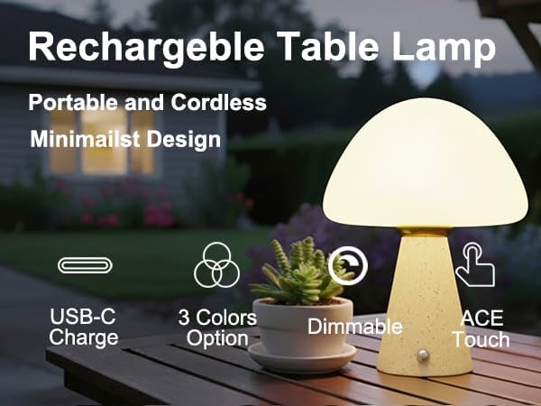 10.2 inch Mushroom Lamp, Cute Cordless Rechargeable Table Lamp with Glass Shade, 3 Color Temps LED Dimmable Ambient Lighting, Small Retro Touch Bedside Light for Decor, Resin Base.