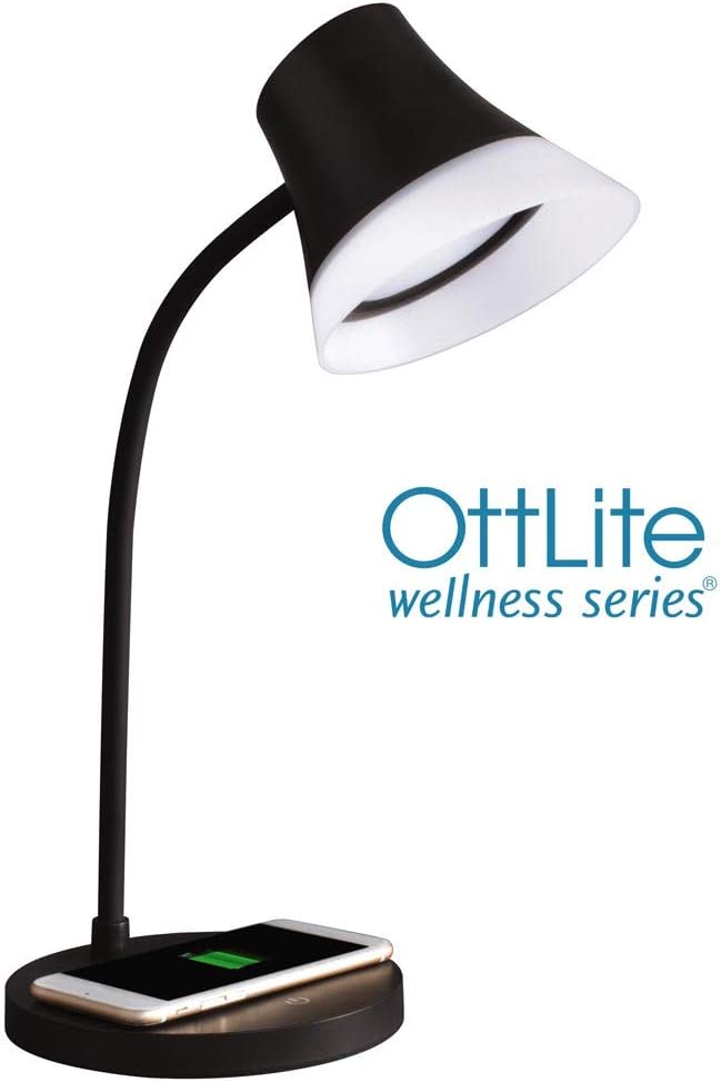 OttLite Shine LED Desk Lamp with Qi Wireless Charging and 2.1A USB Charging Port, Black