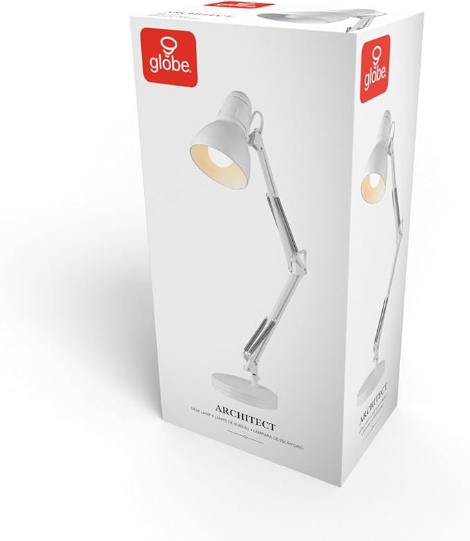 Globe Electric 52024 28" Swing Arm Architect Desk Lamp, Matte White, Rotary Switch on Shade, Partially Adjustable Arm, Modern Lighting for Bedroom or Office, Timeless, Indoor Lights