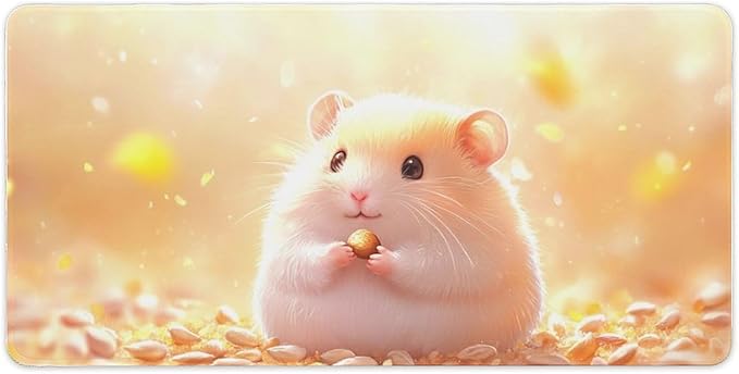 Large Ergonomic Gaming Mouse Pad Happy Hamster with Sunflower Seed - Cute Animal Theme with Non-Slip Base Water-Resistant Surface and Stitched Edges 30x60cm