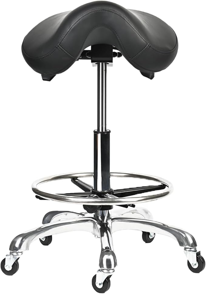 Saddle Tilting Stool Rolling Chair with Thicker Seat Swivel Ergonomic Height Adjustable Footrest Wheels for Beauty Spa Salon Dental Medical Clinic Kitchen Home Office Shop Bar Black