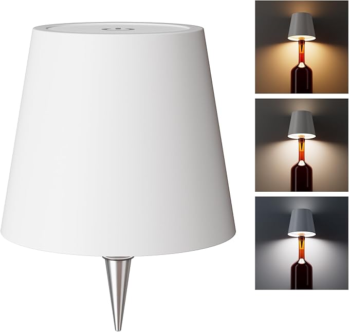 Metal Wireless Bottle Lamp, Wireless Bottle Lamp Shade with 3 Color Temperature, Rechargeable Stepless Dimming LED Wine Bottle Lights for Any Bottle, Desk Lamp for Bedroom Restaurant Bar - White
