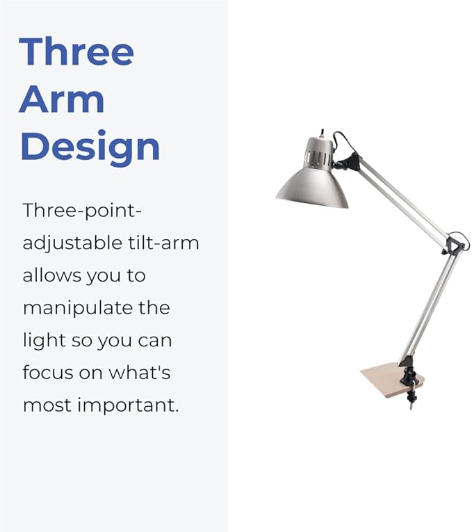 V LIGHT Architectural Swing Arm Desk Lamp, Clamp lamp with LED bulb, Work Light for Any Space, Brushed Nickel Finish 7.5 x 5.5 x 33