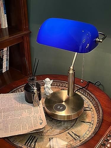 FIRVRE Bankers Lamp with2 USB and Wireless Charging Port，Pull Chain Switch Blue Glass Desk Lamp， E26 Base,Traditional Library Desk Lamps for Home Office,Bedroom,Piano