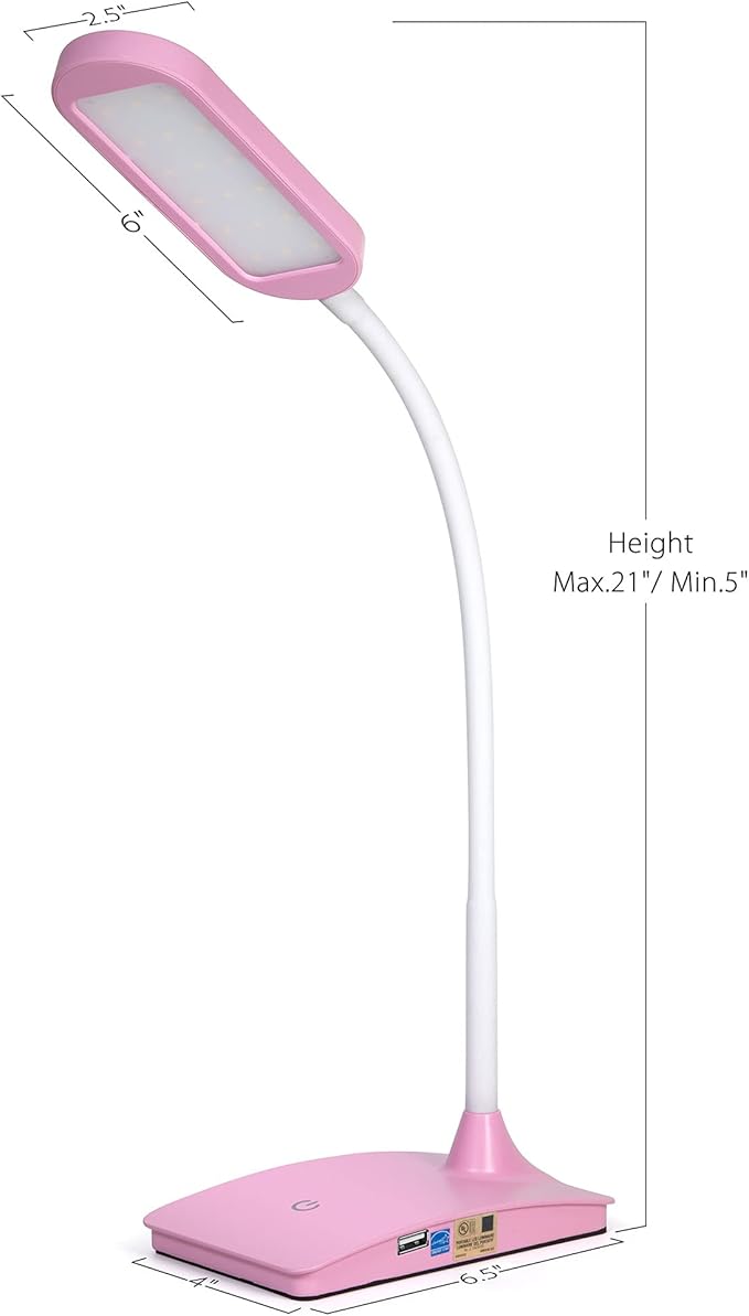 Pink Desk Lamps for Home Office - Super Bright Small Desk Lamp with USB Charging Port, a Perfect LED Desk Light as Study Lamp, Bedside Reading Lights
