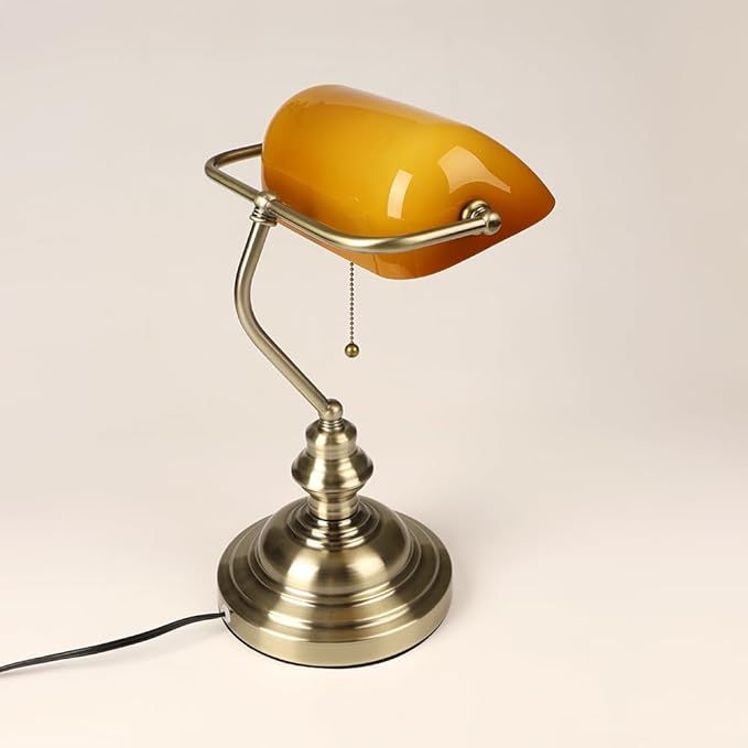 FIRVRE Bankers Desk Lamp with Pull Chain Switch, Amber Glass Shade Desk Lamps, Bronze Base,Vintage Library Lamp for Home Office, Study Room,Piano