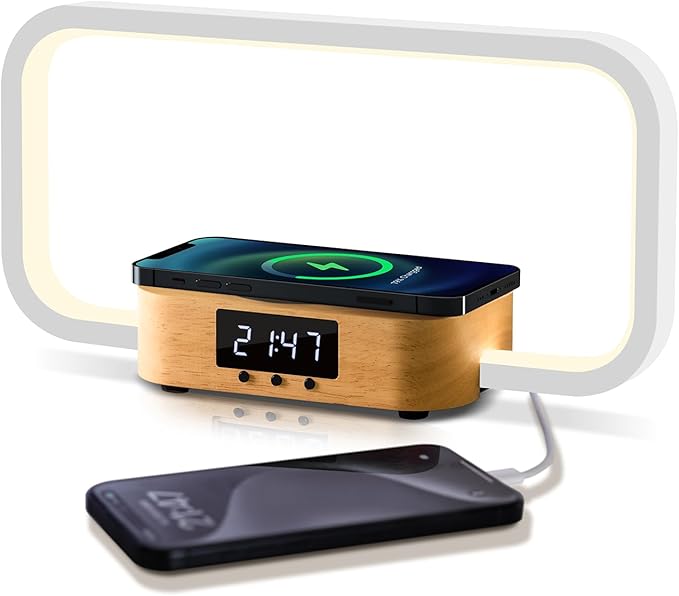 Bedside Lamp with Wireless Charger & USB Port – Touch Control Nightstand Table Lamps, RGB Color Changing, Stepless dimming, 7 Color, Modern LED Desk Lamp with Clock for Bedroom, Gifts for Women, Men