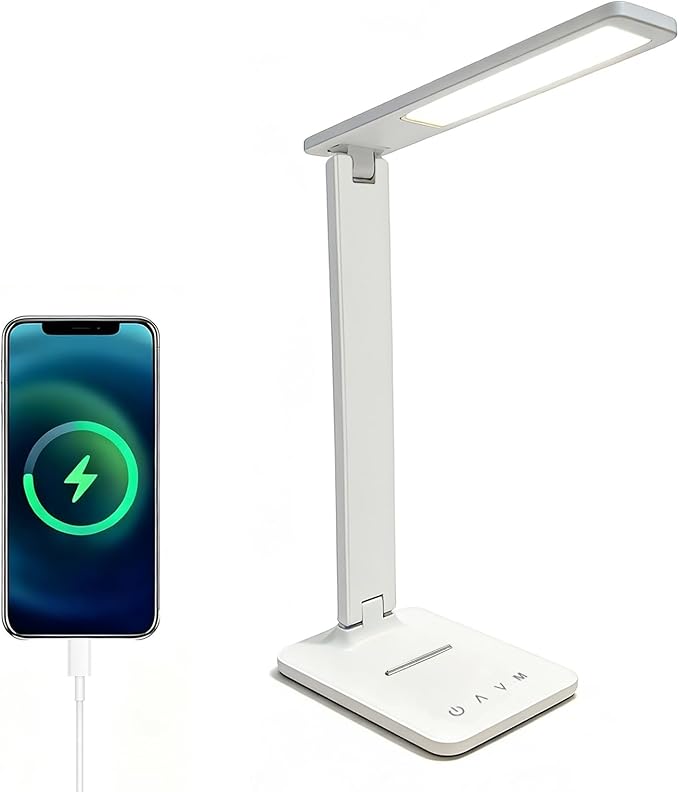 LED Desk Lamp with USB Charging Port, 5 Color Modes & 5 Brightness Levels, Eye-Caring Dimmable Touch Control Table Lamp, Adjustable Foldable Arm, USB-C Powered Desk Light for Study, Office, Bedroom