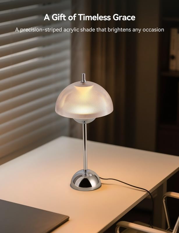 Tubicen Flowerpot Chrome Bedside Table Lamp Plug In Decor Transparent Striped Mushroom Table Lamp Memory Function Modern LED 4-Stage Touch Dimmable Desk Table Lamps for NightStands Bedroom Home Office