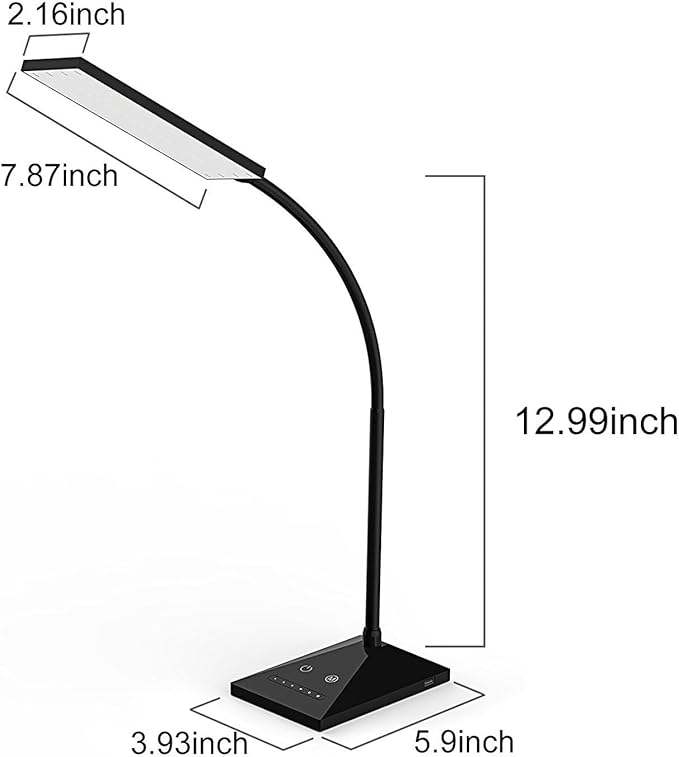 LED Desk Lamp, 5 Color Modes with 7 Levels of Brightness, Eye-Caring Dimmable Table Lamp Office Lamp with USB Charging Port, Touch Control Sensitive Dimmable 12W Black