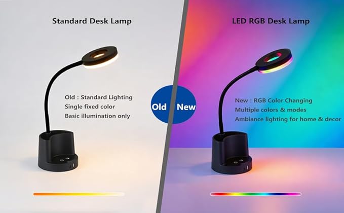 HomeFocus LED Desk Lamp,Eye-Caring Dimmable Reading Light,RGB Night Light,Student Lamp,Lamp,Table Lamp,Metal Flexible Gooseneck Lamp,Desk Lamp for Home,Office,Gift for Kids,Students,Women,Black.