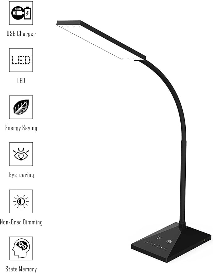LED Desk Lamp, 5 Color Modes with 7 Levels of Brightness, Eye-Caring Dimmable Table Lamp Office Lamp with USB Charging Port, Touch Control Sensitive Dimmable 12W Black
