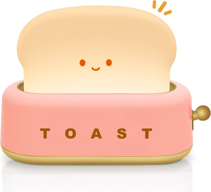 TOOGE Cute Toast Lamp, Small Desk Lamp, Night Light, Rechargeable, Pink, Plastic, Kawaii Decor for Bedroom, Table, Bedside, Desk, Gifts for Kids and Adults