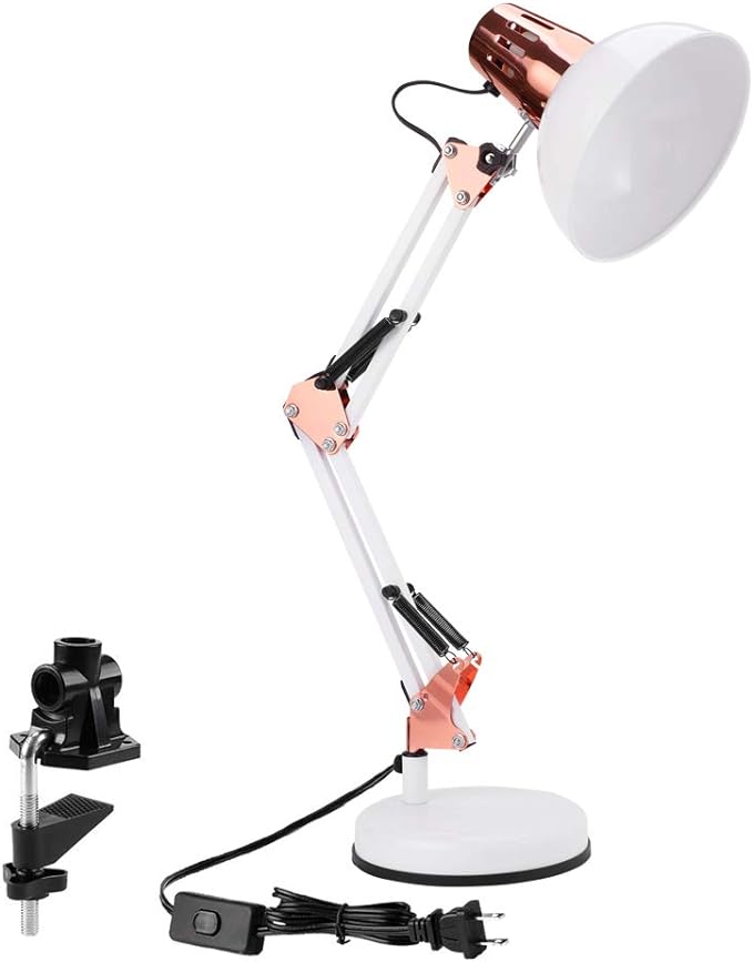 PowerKing Metal Swing Arm Desk Lamps, Adjustable and Flexible,Feading with Base and Clip 2-in-1 Function, Fit E26&E27 Bulbs Base, Application in Bedroom Living Room, Office Home (White+Rose Gold)