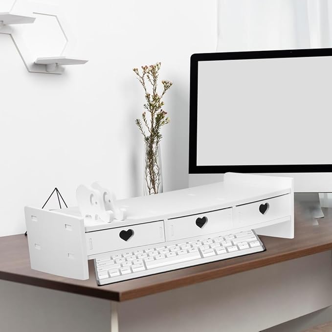 Tofficu Computer Monitor Stand Riser with 3 Drawers - Desktop Organizer with Phone Holder, White Desk Shelf for Laptop, Office Supplies & Workspace Storage