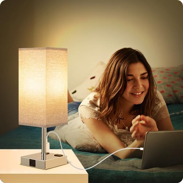 aooshine Gray Set of 2 Touch Lamps with USB Port Nightstand Lamp with USB-C+A Charge Ports & AC Outlets, 3-Way Dimmable Bedside Lamp, Small for Bedroom Living Room (Bulb Included)