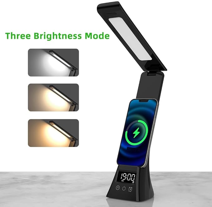 IHAO 6in1 Multifunctional Foldable LED Table Lamp with Wireless Charger Digital Alarm Clock Eye-Care Lighting 3 Color Modes 15W Qi Charger for Phone/Headphones, iWatch Charger Compatible-N61Black