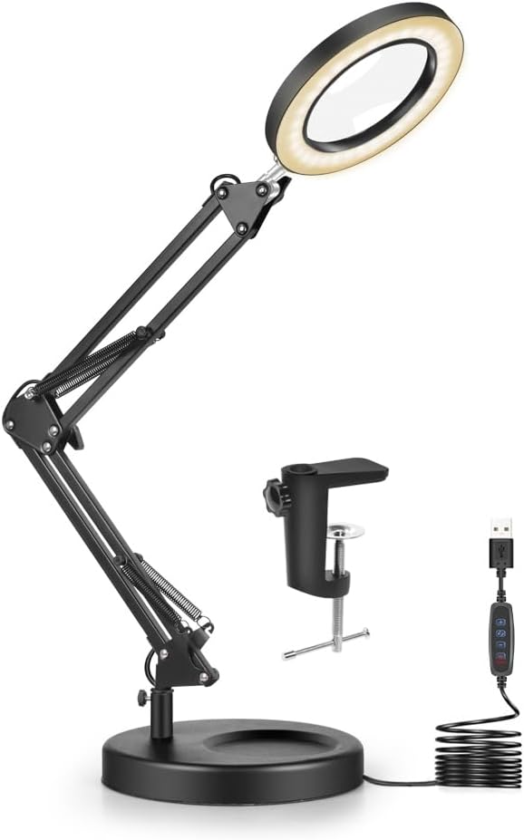 10X Magnifying Glass with Light and Stand, 2-in-1 Magnifier with Light, 5 Color Modes LED Desk Magnifying Glass, Hands Free for Craft Hobby Reading Painting Sewing Close Work