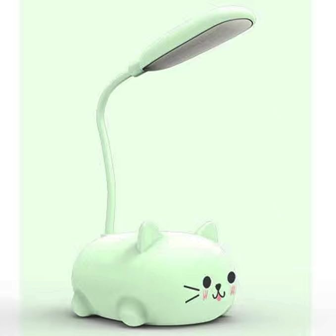 LED Desk Lamp for Kids, Cute Cat Lamp USB Rechargeable Reading Light,Portable LED Table Light, Flexible Gooseneck Eye-Care Cartoons Small Desk Lamp Girls Gifts (Green)