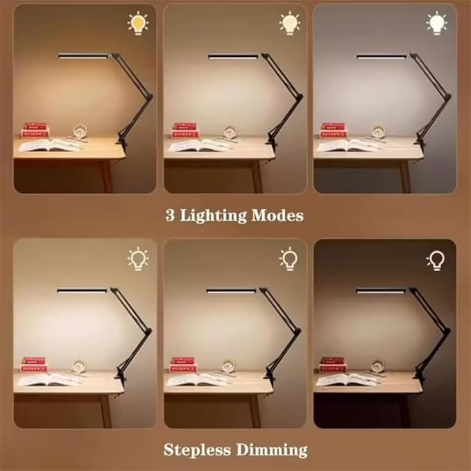 LED Desk Lamp, Adjustable Swing Arm Lamp with Clamp, Eye-Caring Reading Desk Light, 10 Brightness Levels, 3 Lighting Modes, Memory Function Desk Lamps for Home Office with Adapter (Black)