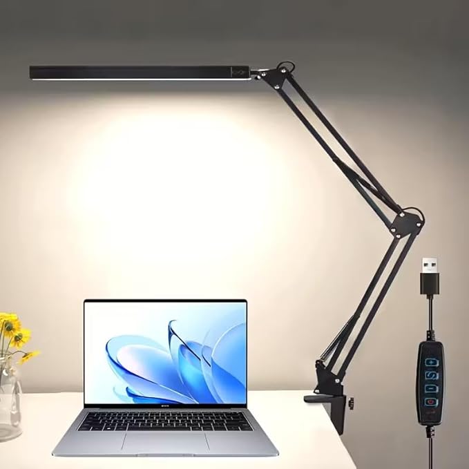 LED Desk Lamp, Adjustable Swing Arm Lamp with Clamp, Eye-Caring Reading Desk Light, 10 Brightness Levels, 3 Lighting Modes, Memory Function Desk Lamps for Home Office with Adapter (Black)