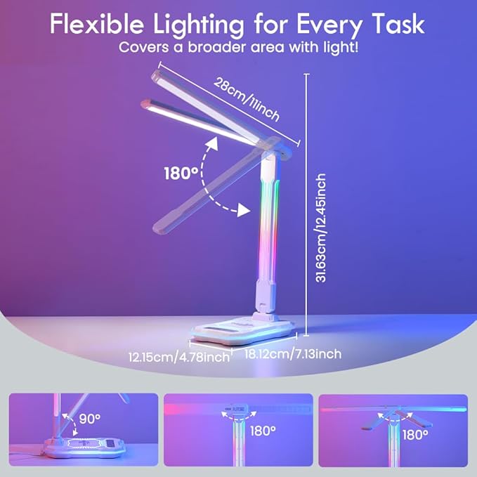 WILIT Desk Lamp for College Dorm Room, RGB Gaming Desk Light with Wireless Charging & USB Port, Gamer lamp Sound Reactive,3 Color Modes 5 Brightness,Reading Lamp Touch Control for Home Office,Study