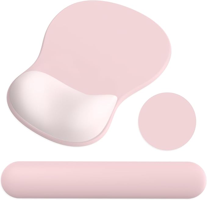 Ergonomic Mouse Pad with Wrist Rest and Keyboard Wrist Rest, Gel Mousepad and Wrist Rest for Computer Keyboard, Non-Slip PU Base, Pink Mouse Pad with Wrist Support for Gaming, Office