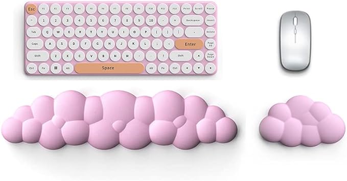 Cloud Keyboard Wrist Rest Pad Set, Enlarge PU Leather Memory Foam Cushion Support, Easy Typing, Mouse Rest Pad, Non-Slip Support for Home, Office, Pink