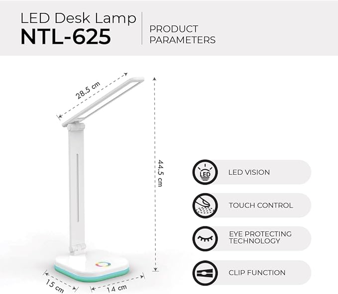 NTL-625QI - LED Desk Lamp with Wireless Phone Charger, RGB Night Light, Adjustable Color Temperature, and USB Phone Charging Port for Home and Office - White