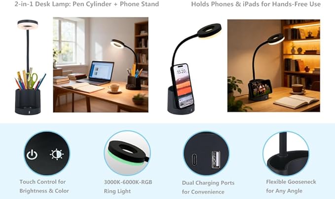 HomeFocus LED Desk Lamp,Eye-Caring Dimmable Reading Light,RGB Night Light,Student Lamp,Lamp,Table Lamp,Metal Flexible Gooseneck Lamp,Desk Lamp for Home,Office,Gift for Kids,Students,Women,Black.