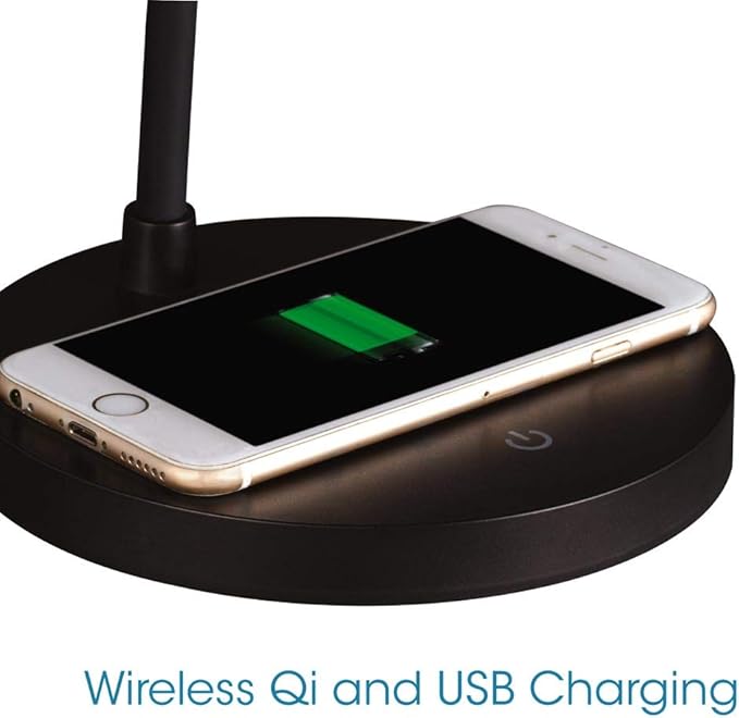 OttLite Shine LED Desk Lamp with Qi Wireless Charging and 2.1A USB Charging Port, Black