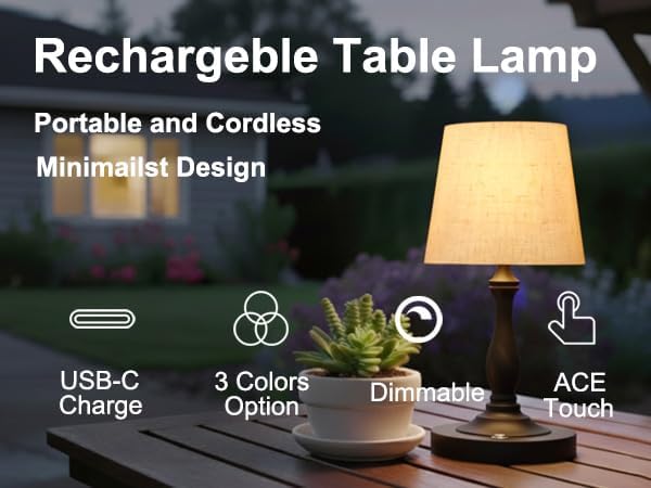 Cute Cordless Rechargeable Table Lamp with Linen Shade, 3 Color Temps LED Dimmable Ambient Lighting, Small Retro Touch Bedside Light for Decor, Metal Base.