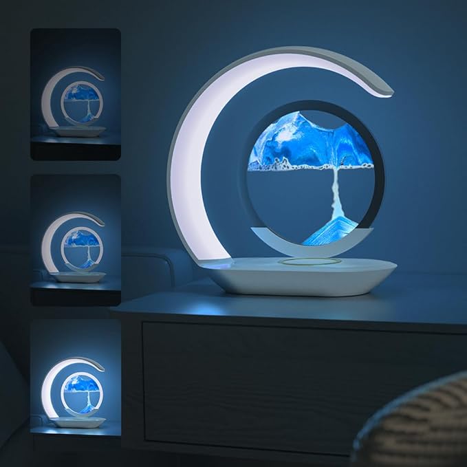 LED Table Lamp with Wireless Charging, Crescent Moon Design, Blue and Orange Sand Art Display, Blue