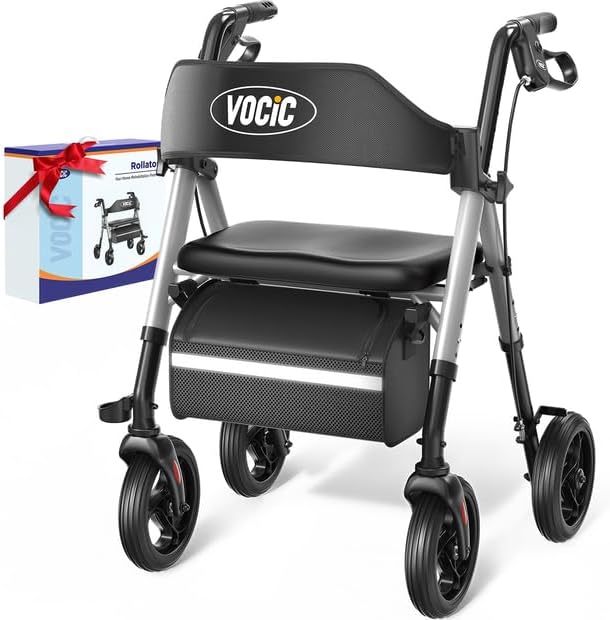 VOCIC Walkers for Seniors, Z21 Rollator Walker with Seat Supports 350lb, 8" Big Wheels for All Terrain, Ergonomic Arc Seat & 6" Ultra Backrest Foldable Walker, Dual Height Adjustment, Lightweight 2026