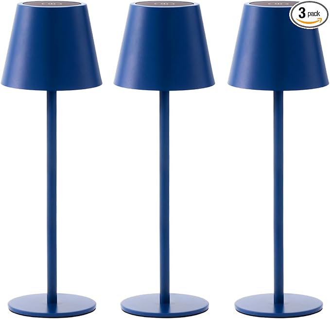 3 Pack Cordless Table Lamp, Portable Battery Operated Lamp with 3 Color Temps and Stepless Dimming, Rechargeable Table Lamp for Dinner, Desk, Cafe, Outdoor (Navy Blue)