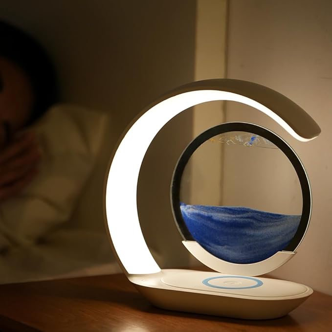LED Table Lamp with Wireless Charging, Crescent Moon Design, Blue and Orange Sand Art Display, Blue