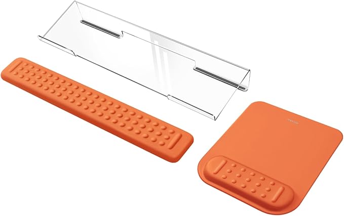 MOSISO Computer Keyboard Stand&Wrist Rest Support for Keyboard &Mouse Pad Set, Ergonomic Massage Wrist Rest Set, Easy Typing Working Acrylic Clear Stand for Office Home, Cosmic Orange