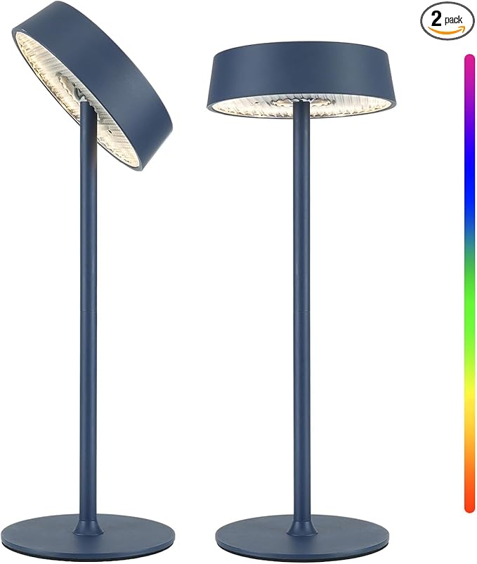 Cordless Lamp, RGB, Outdoor Waterproof, Dimmable Touch Control 3 Color Temperature, Battery Operated Portable, LED Memory Function, Rechargeable Table Lamp, Patio Dinning Restaurant Kitchen 2Pack Blue