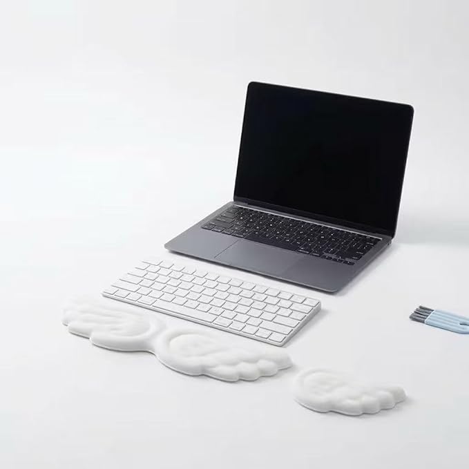 White Angel Wings Ergonomic Memory Foam Wrist Rest Computer Keyboard and Mouse Set Cute Gaming Keyboard Wrist Support pad PU Leather Surface Non-Slip and Waterproof Includes a Cleaning Brush